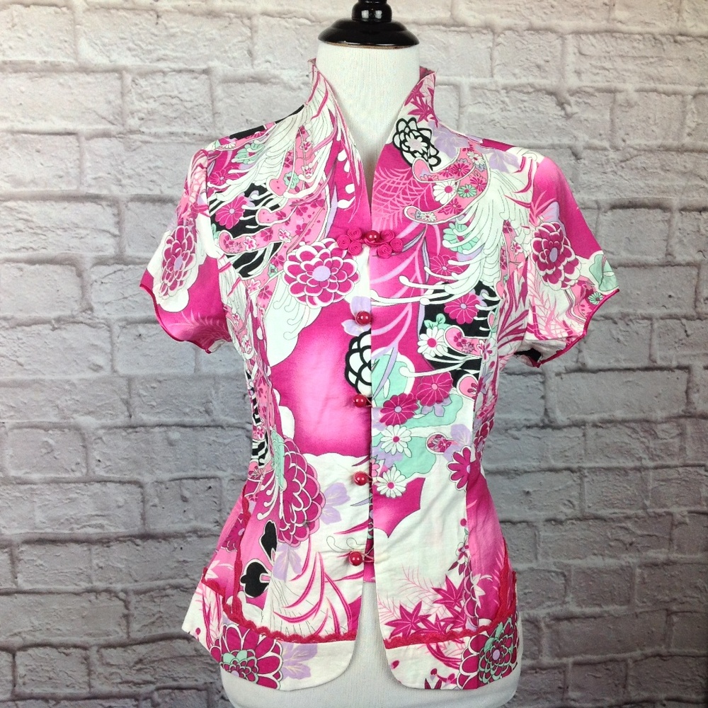 Silver Dragon Top Women Small Silk Pink Floral